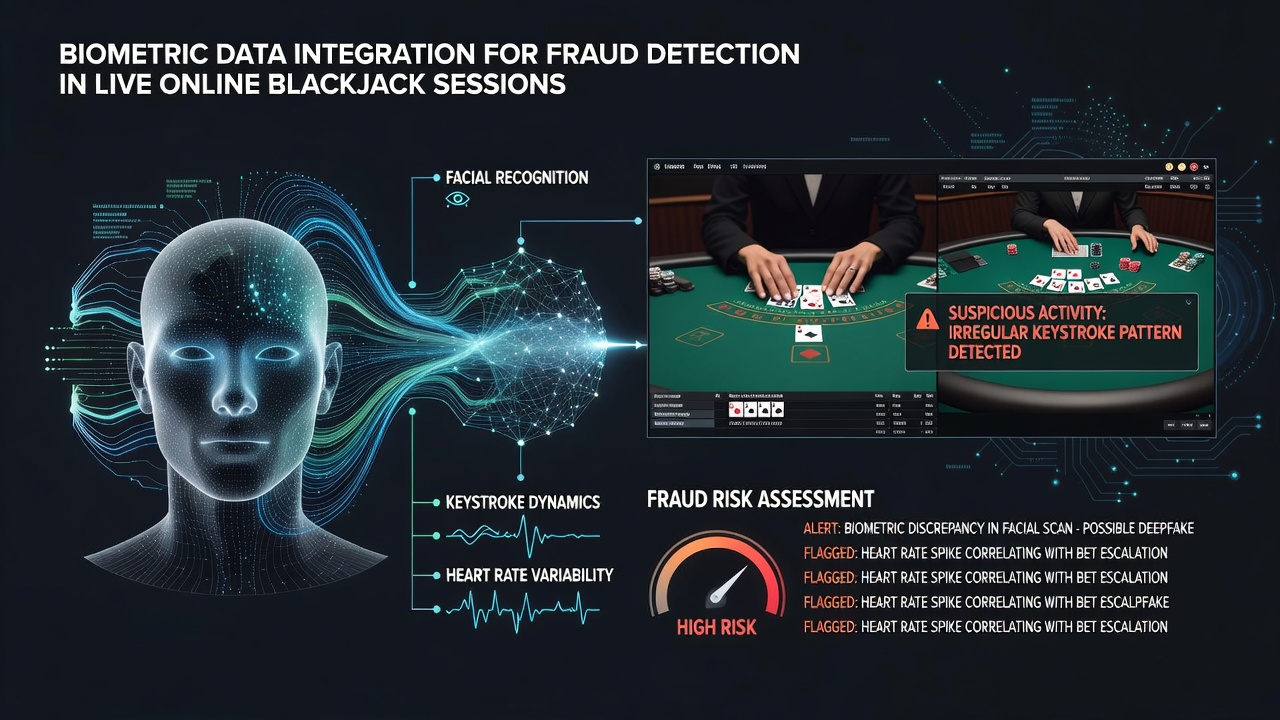 Data dashboard displaying real-time biometric alerts and player behavior metrics during an online blackjack session