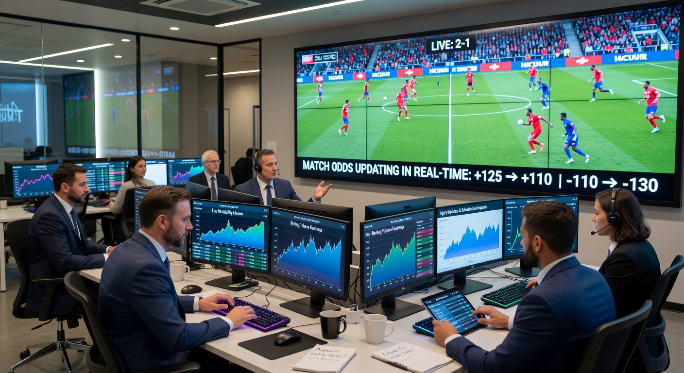 Traders at a sportsbook monitoring multiple live soccer matches on screens filled with odds and statistics