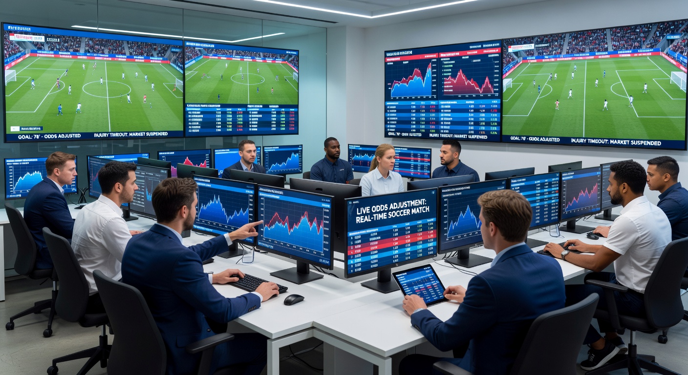 Close-up of a bookmaker's trading desk with multiple monitors displaying shifting soccer odds, graphs, and live feeds during an intense match