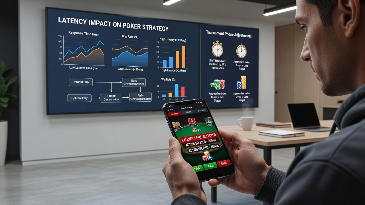 Tournament players reviewing hand histories on mobile devices with overlaid network performance metrics