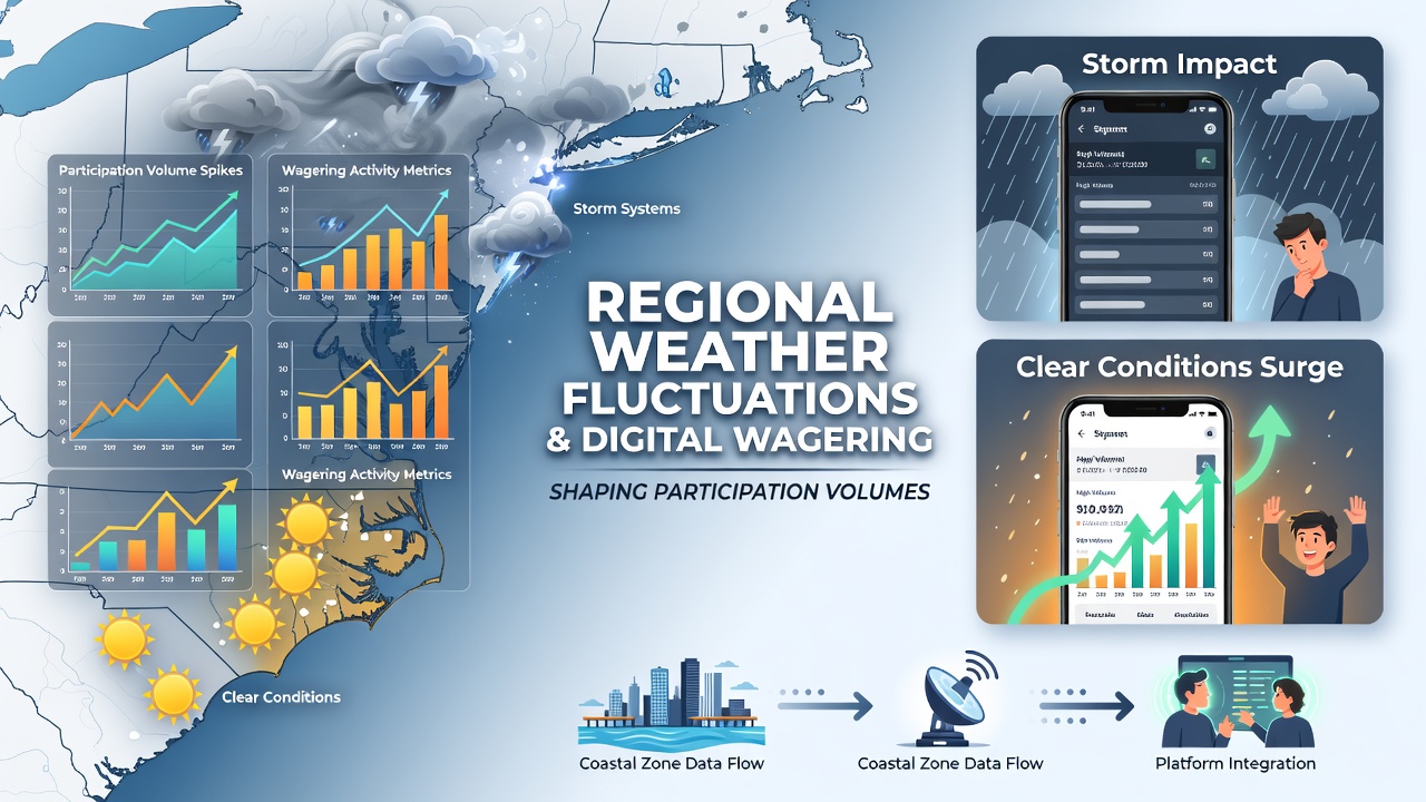 Coastal storm clouds over a shoreline with digital betting interface overlays showing fluctuating user activity graphs