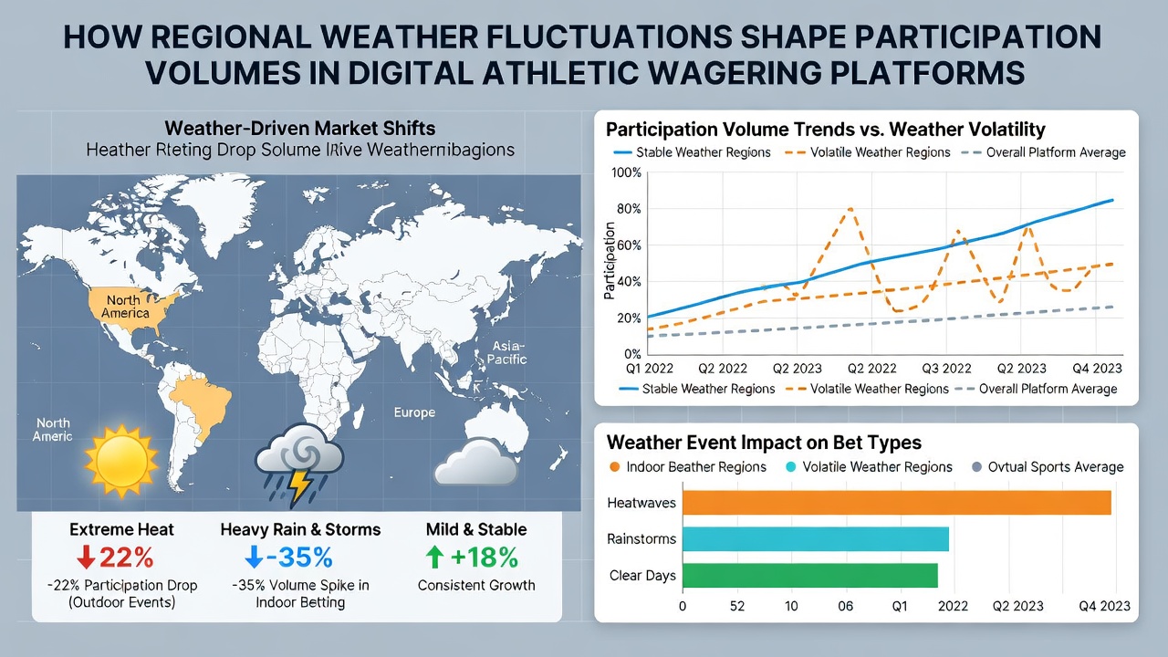 Pacific shoreline with marine layer fog and graphs illustrating betting volume changes during weather shifts