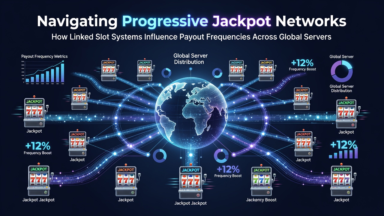 Global network diagram showing interconnected progressive slot servers across multiple continents with payout frequency indicators