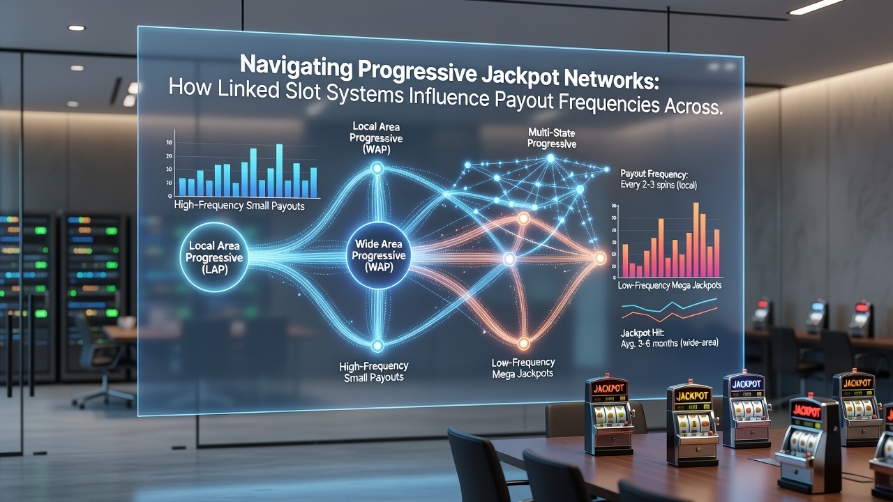 Server room visualization with data flow lines representing progressive jackpot contributions from slots worldwide