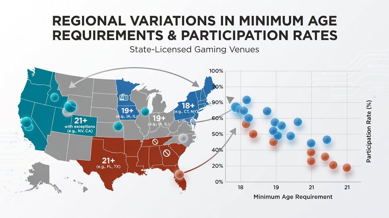 Map showing minimum age requirements for gaming across different U.S. states and international regions