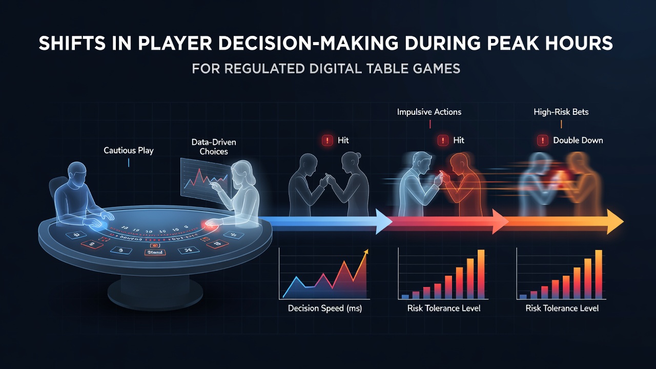 Digital table game interface showing blackjack and roulette tables during evening peak hours with active player sessions