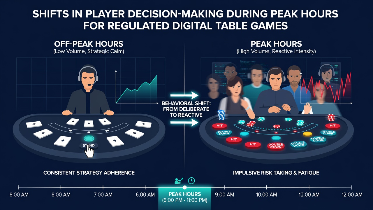 Analytics dashboard displaying player decision metrics and table occupancy rates during regulated digital gaming peak hours