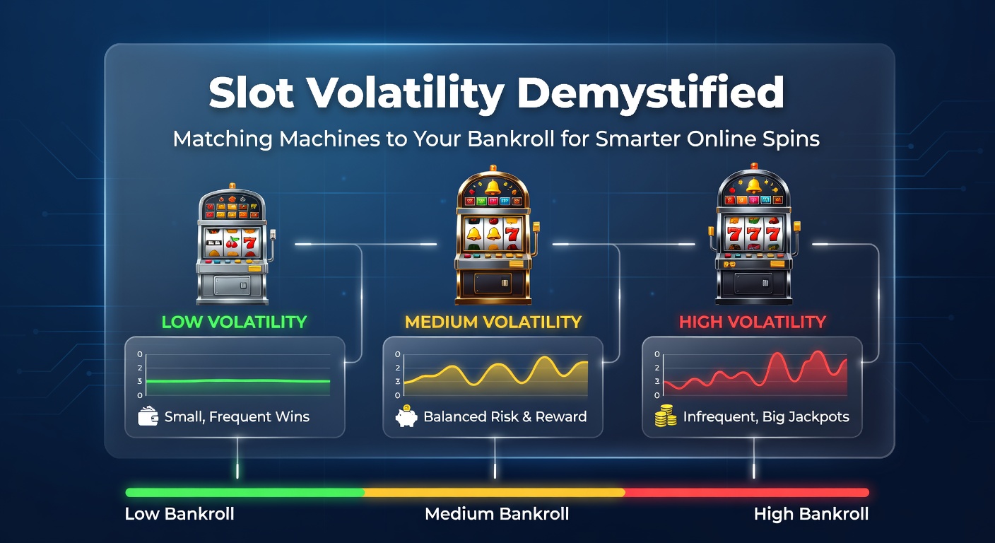 Colorful slot machine reels spinning with volatility indicators overlaid, showing low, medium, and high variance symbols