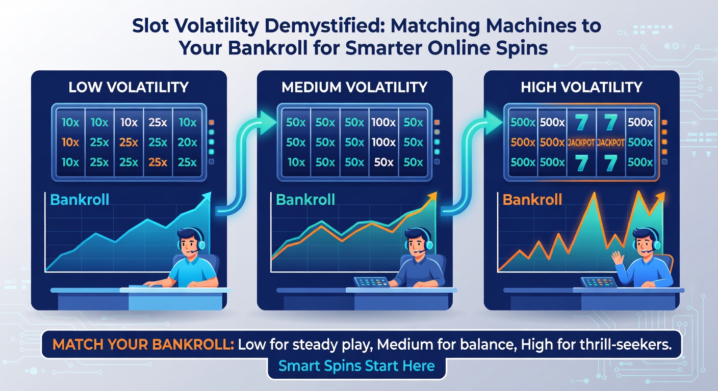 Infographic chart comparing slot volatility levels against bankroll sizes, with graphs showing session length and win probability curves