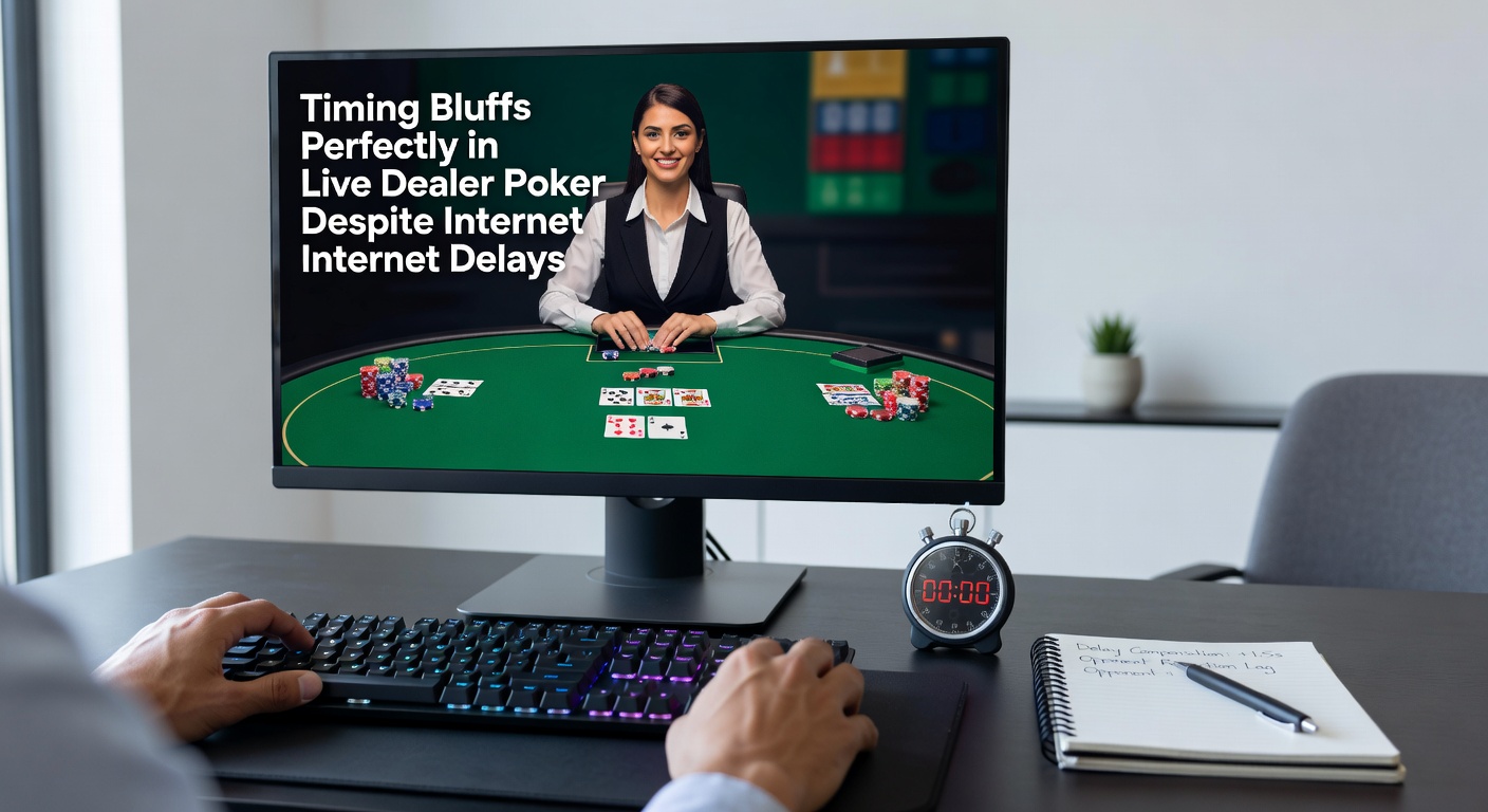 A live dealer poker table with players on screens, highlighting digital clock and network icons representing delays