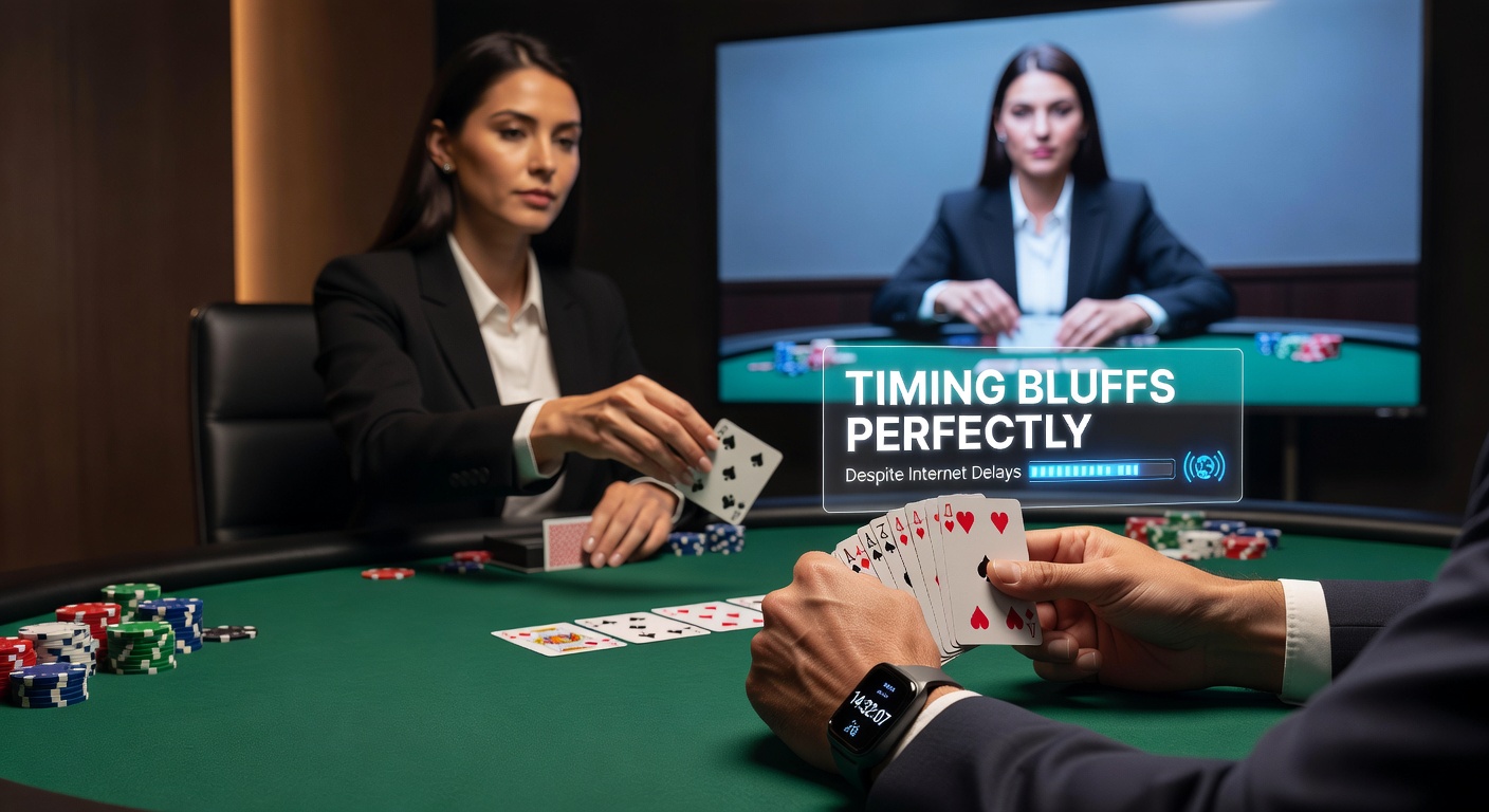 Close-up of a poker player's screen displaying a bluff bet animation amid lag indicators and chat overlays