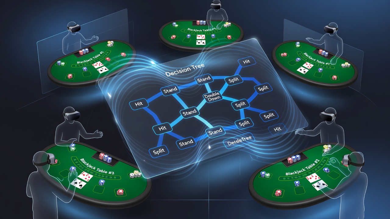 Player using VR headset while navigating decision trees across multiple blackjack tables